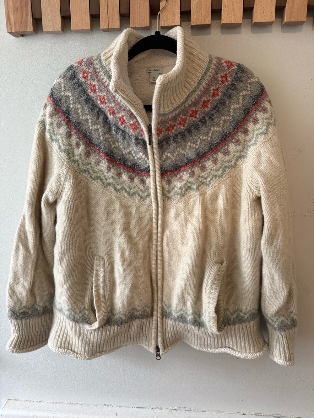 L.L. Bean Cream Fair Isle Zip-Up Sweater with Red and Gray Accents